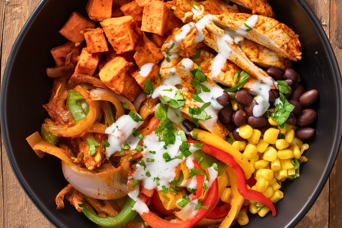 Close-up chicken fajita sweet potato bowl with sliced seasoned chicken, roasted sweet potatoes, black beans, corn, colorful bell peppers, onions, cilantro, and creamy sauce in a black bowl.