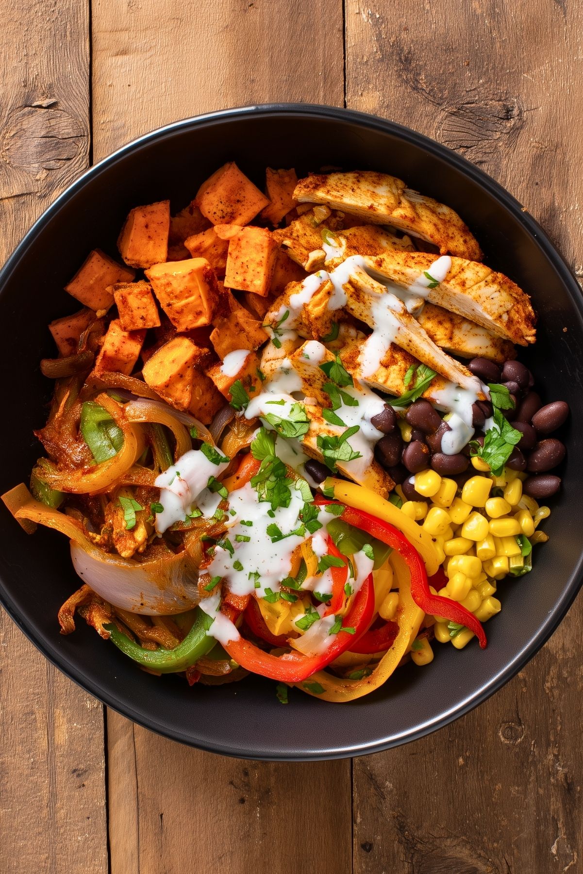 Overhead chicken fajita sweet potato bowl with seasoned chicken, roasted sweet potatoes, black beans, corn, sautéed red, yellow, and green peppers, onions, cilantro, and creamy sauce in a black bowl on rustic wood.