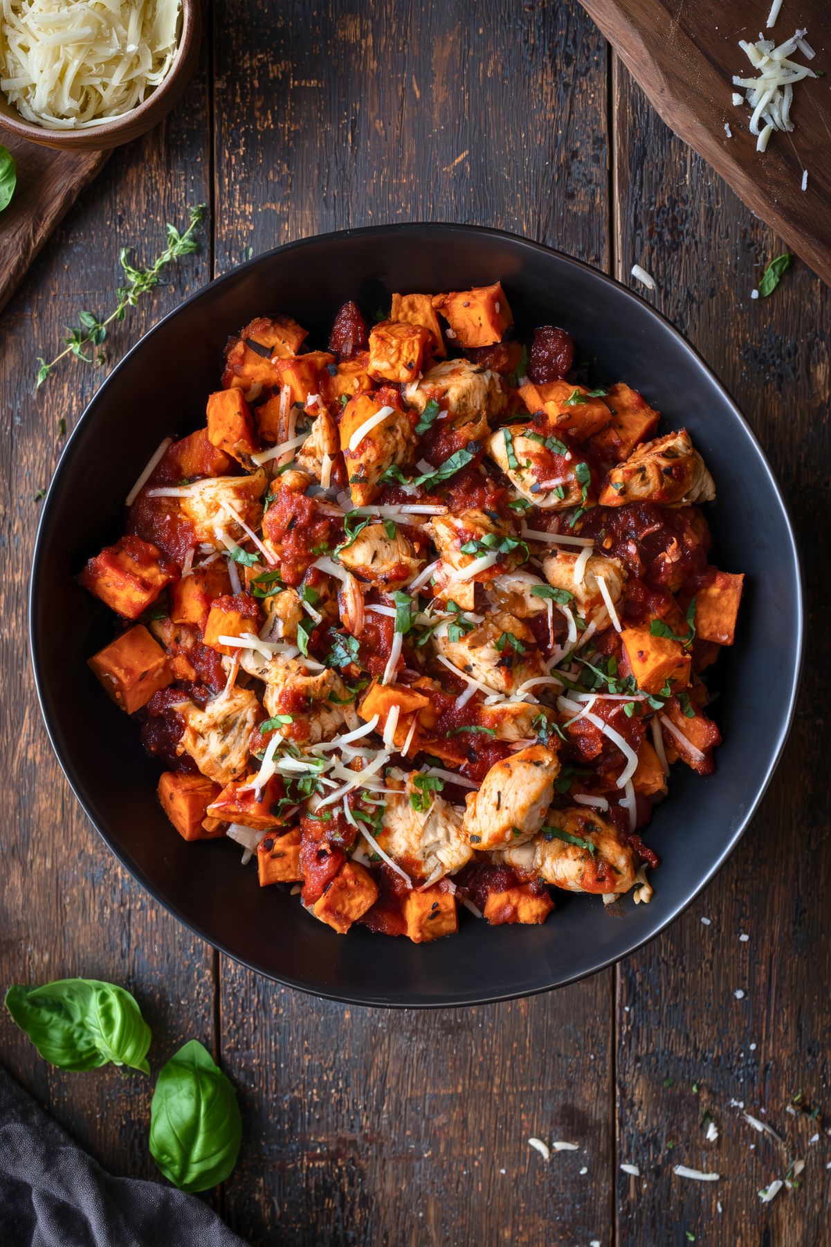 Overhead view of a Chicken Parmesan Sweet Potato Bowl with roasted sweet potato cubes, seasoned chicken, marinara sauce, shredded Parmesan and fresh basil in a black bowl.