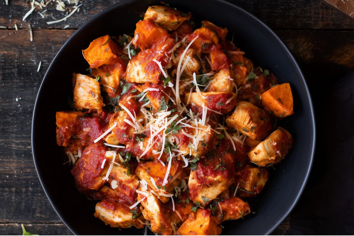 Close-up Chicken Parmesan Sweet Potato Bowl with roasted sweet potatoes, chicken, marinara sauce, shredded Parmesan and chopped fresh basil served in a black bowl.