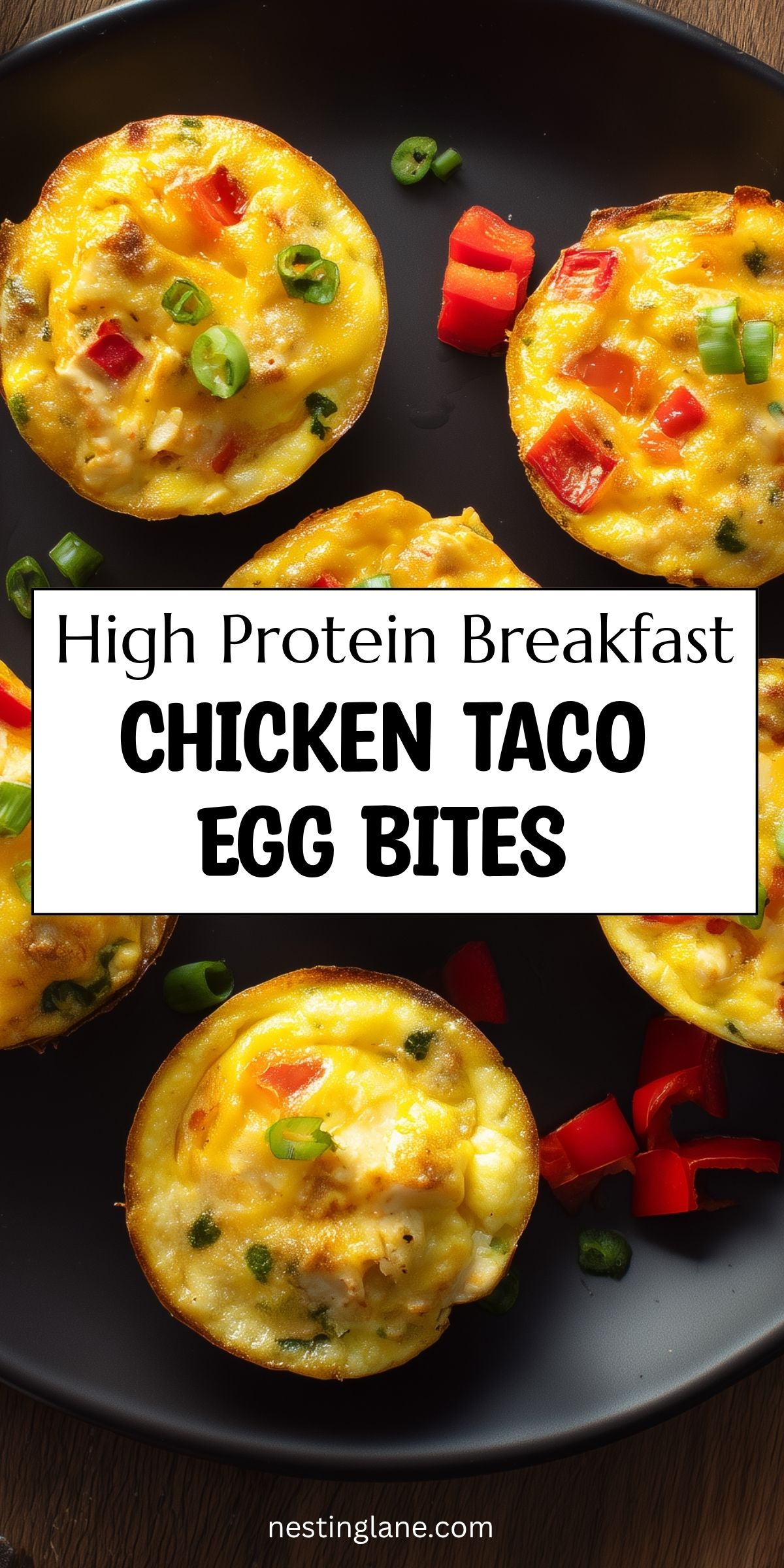 High protein Chicken Taco Egg Bites with chicken, red bell pepper, green onions, and melted cheddar on a black plate. Text reads “High Protein Breakfast Chicken Taco Egg Bites” and “nestinglane.com.”
