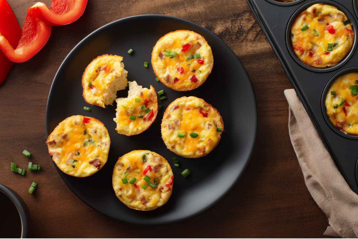 Chicken Taco Egg Bites with cheddar, red bell pepper, green onions, and chicken arranged on a black plate beside a muffin pan. One egg bite is cut open to show the soft center.