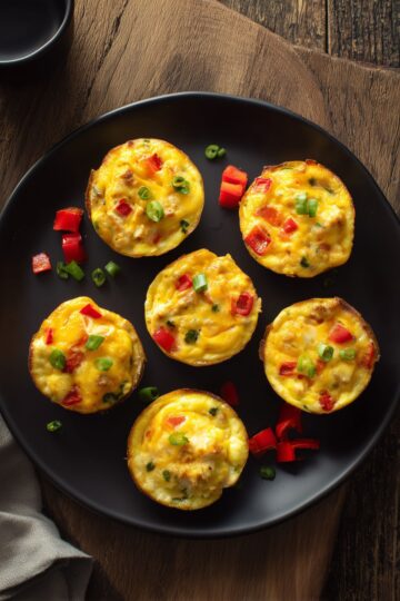 Six Chicken Taco Egg Bites with chicken, melted cheddar, red bell pepper, and green onions arranged on a matte black plate over a rustic wooden surface.
