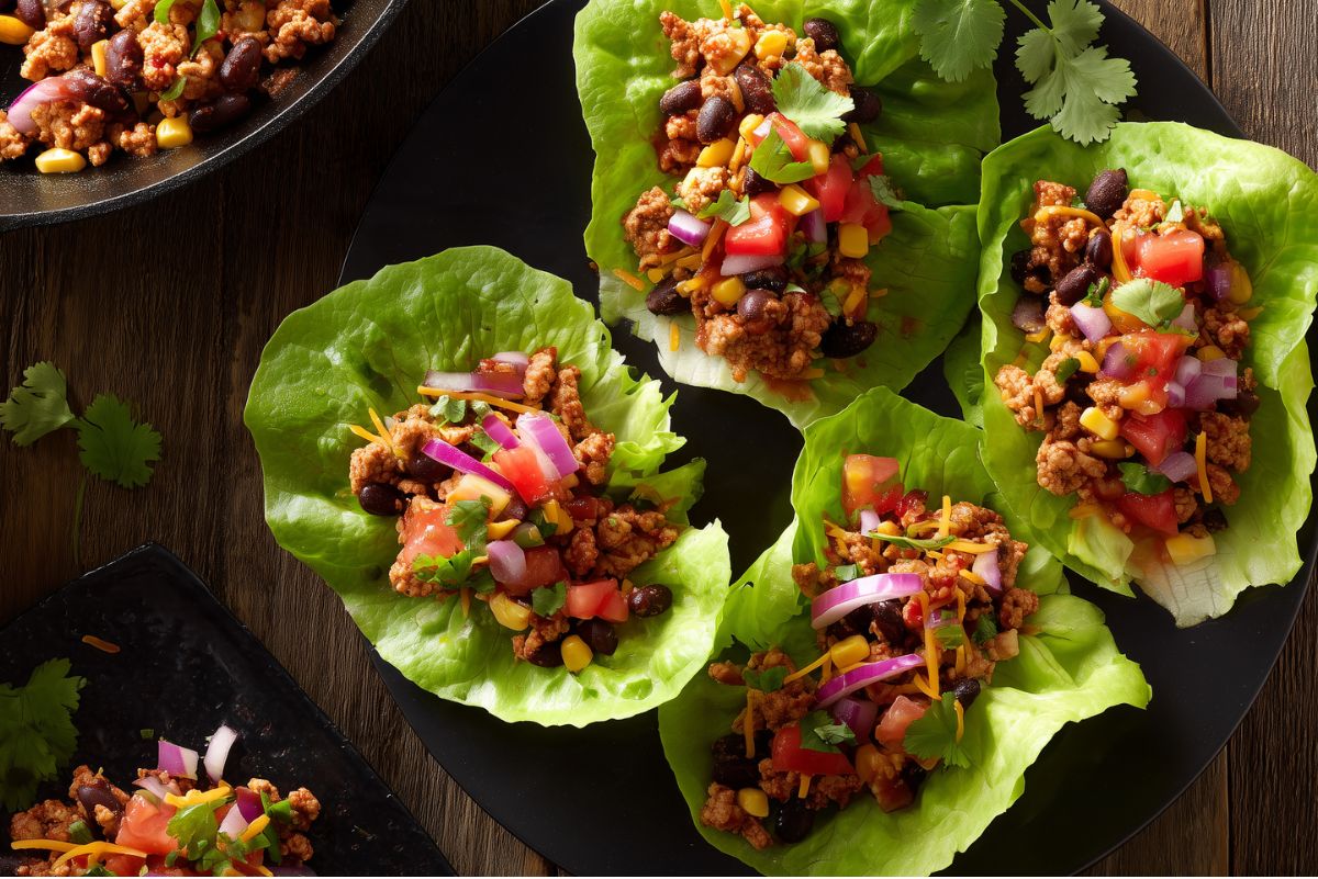 Chicken taco lettuce wraps filled with seasoned chicken, black beans, corn, tomatoes, red onion, shredded cheese, and cilantro, arranged on a black plate over a rustic wood table.