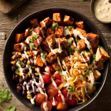Overhead view of a chicken taco ranch sweet potato bowl with roasted sweet potatoes, chicken, black beans, corn, tomatoes, red onion, cheese, and ranch dressing.