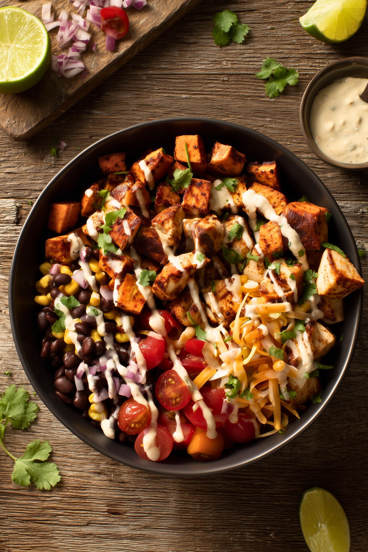 Overhead view of a chicken taco ranch sweet potato bowl with roasted sweet potatoes, chicken, black beans, corn, tomatoes, red onion, cheese, and ranch dressing.