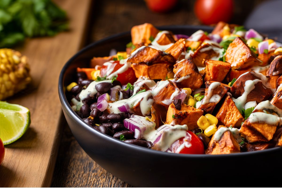 Side view of a chicken taco ranch sweet potato bowl with roasted sweet potatoes, black beans, corn, tomatoes, red onion, and creamy ranch dressing.