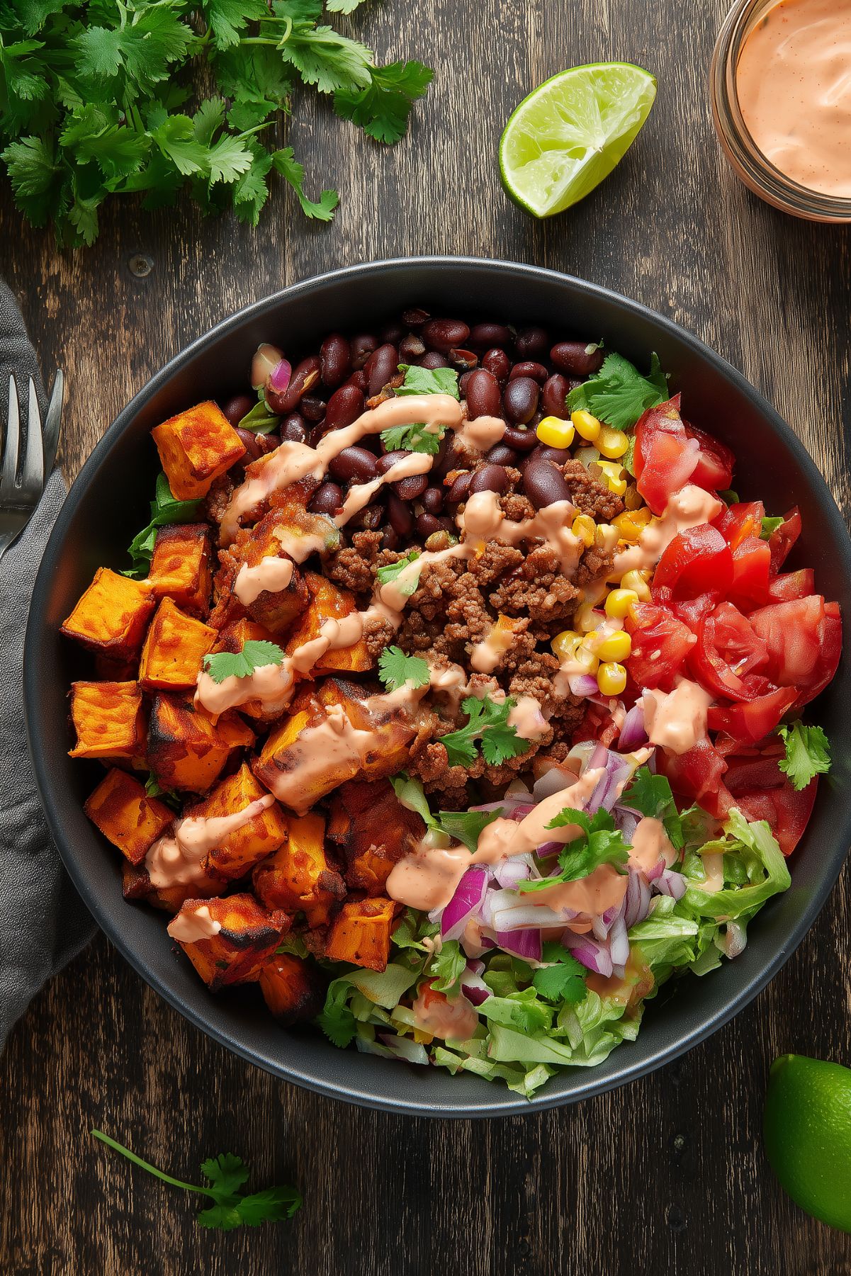 Overhead view of a Chipotle Beef Sweet Potato Bowl with roasted sweet potatoes, seasoned ground beef, black beans, corn, tomatoes, lettuce, red onion, cilantro, and creamy chipotle sauce in a black bowl on a rustic wood table.