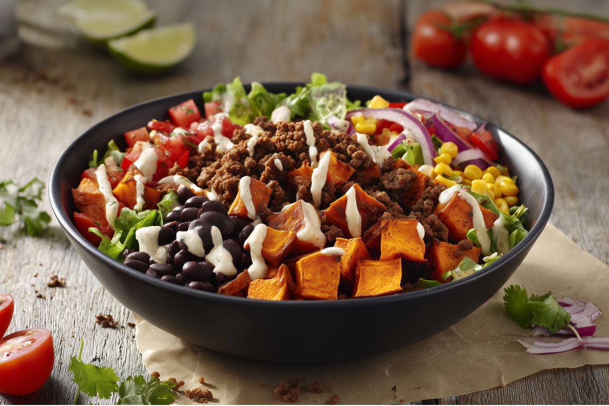 Chipotle Beef Sweet Potato Bowl with roasted sweet potato cubes, seasoned ground beef, black beans, corn, tomatoes, lettuce, and red onion, finished with a creamy sauce and served in a black bowl on a rustic wood table.
