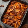 Cinnamon Apple Sweet Potato Casserole with tender sliced sweet potatoes and apples coated in a cinnamon maple glaze and topped with pecans, served in a dark baking dish with fresh apples nearby.