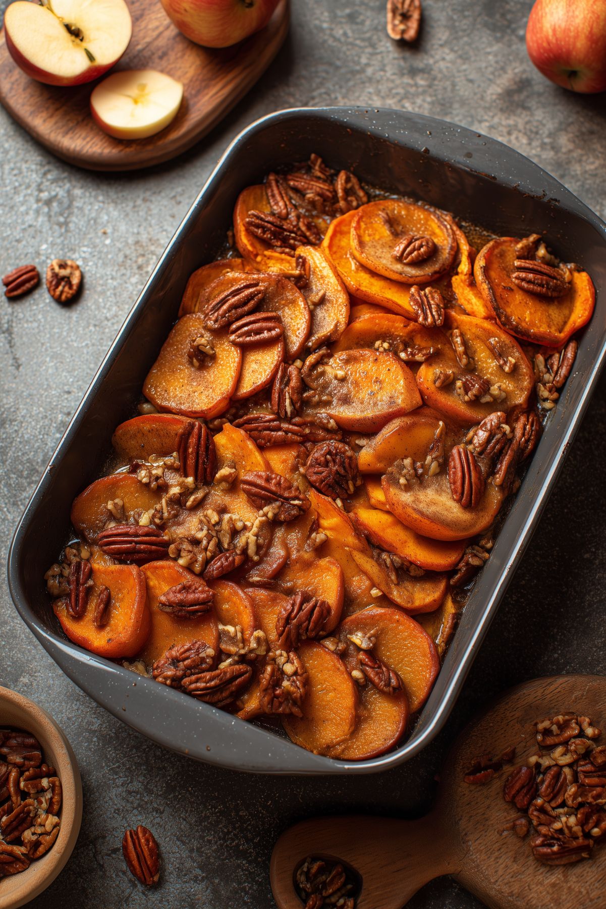 Cinnamon Apple Sweet Potato Casserole with tender sliced sweet potatoes and apples coated in a cinnamon maple glaze and topped with pecans, served in a dark baking dish with fresh apples nearby.