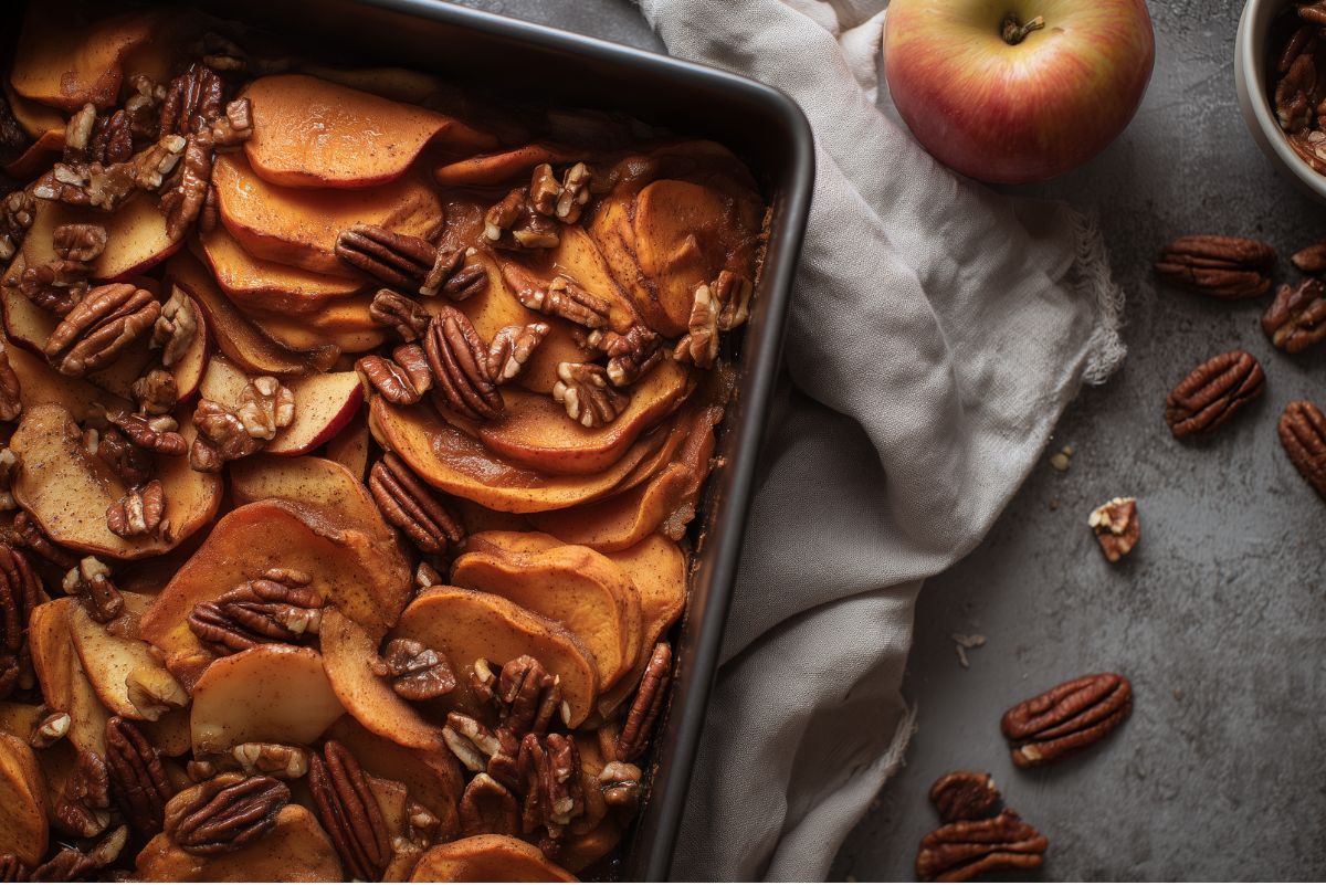Overhead view of Cinnamon Apple Sweet Potato Casserole with layered sweet potato and apple slices, cinnamon glaze, and pecans in a dark baking dish, styled with a fresh apple and scattered pecans.