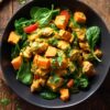 Coconut curry chicken sweet potato bowl with chunks of chicken and roasted sweet potatoes in golden curry sauce, served with spinach, red bell pepper, and cilantro in a black bowl.