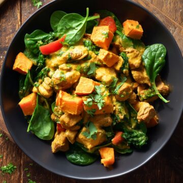 Coconut curry chicken sweet potato bowl with chunks of chicken and roasted sweet potatoes in golden curry sauce, served with spinach, red bell pepper, and cilantro in a black bowl.