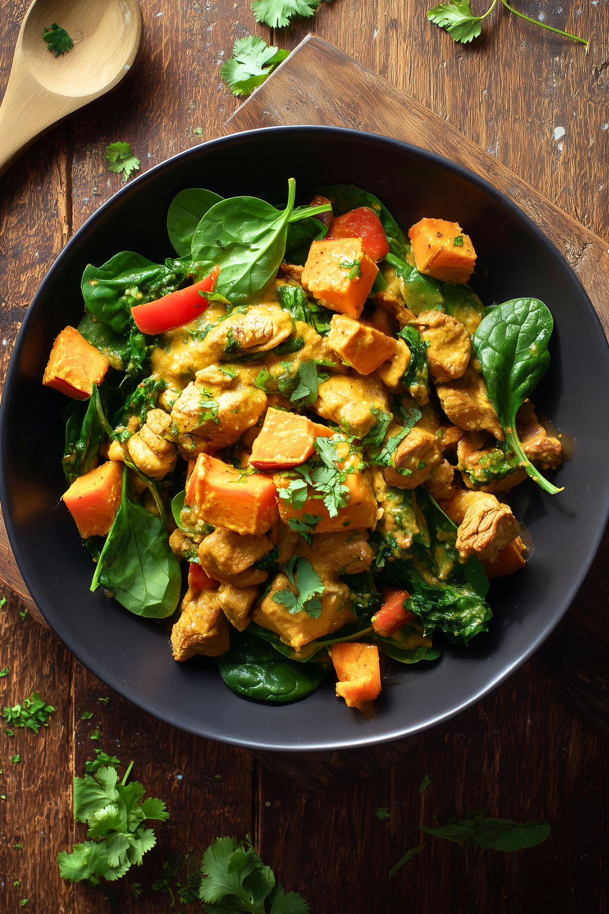 Coconut curry chicken sweet potato bowl with chunks of chicken and roasted sweet potatoes in golden curry sauce, served with spinach, red bell pepper, and cilantro in a black bowl.