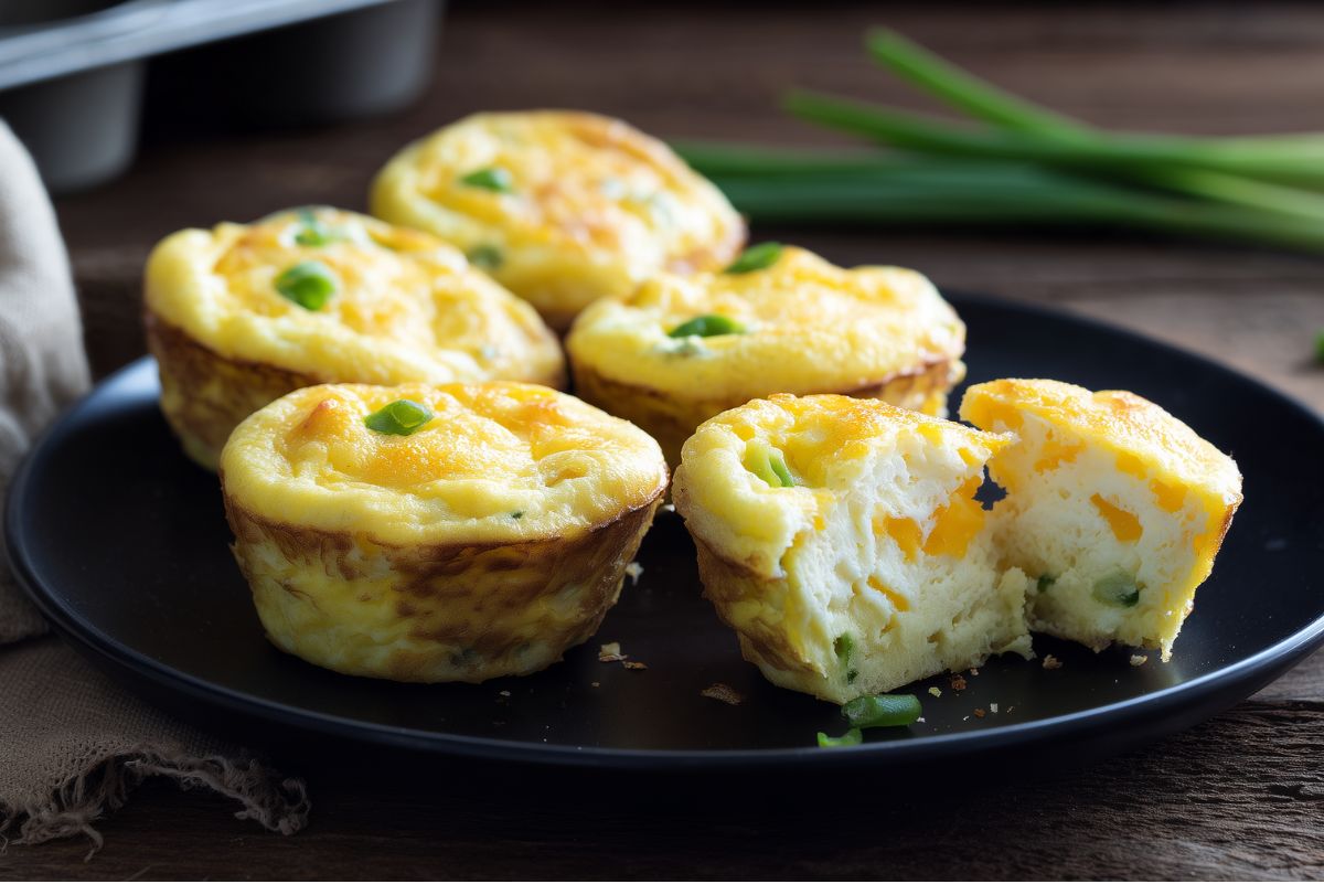Cottage cheese egg bites with cheddar and green onions on a black plate, with one egg bite cut open to show the soft, cheesy center.
