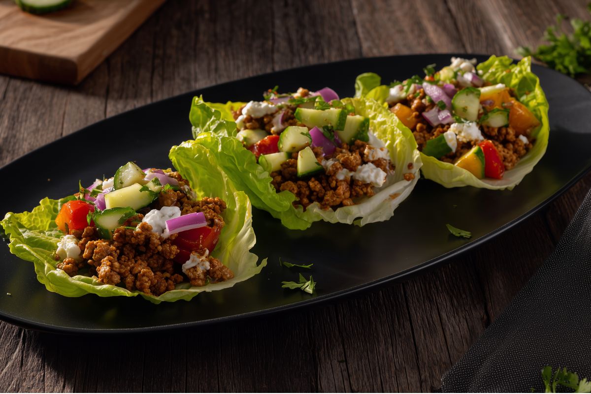 Three turkey lettuce wraps served on a black platter, filled with seasoned ground turkey, cottage cheese, cucumber, tomato, red onion, and fresh herbs on a dark rustic wood table.