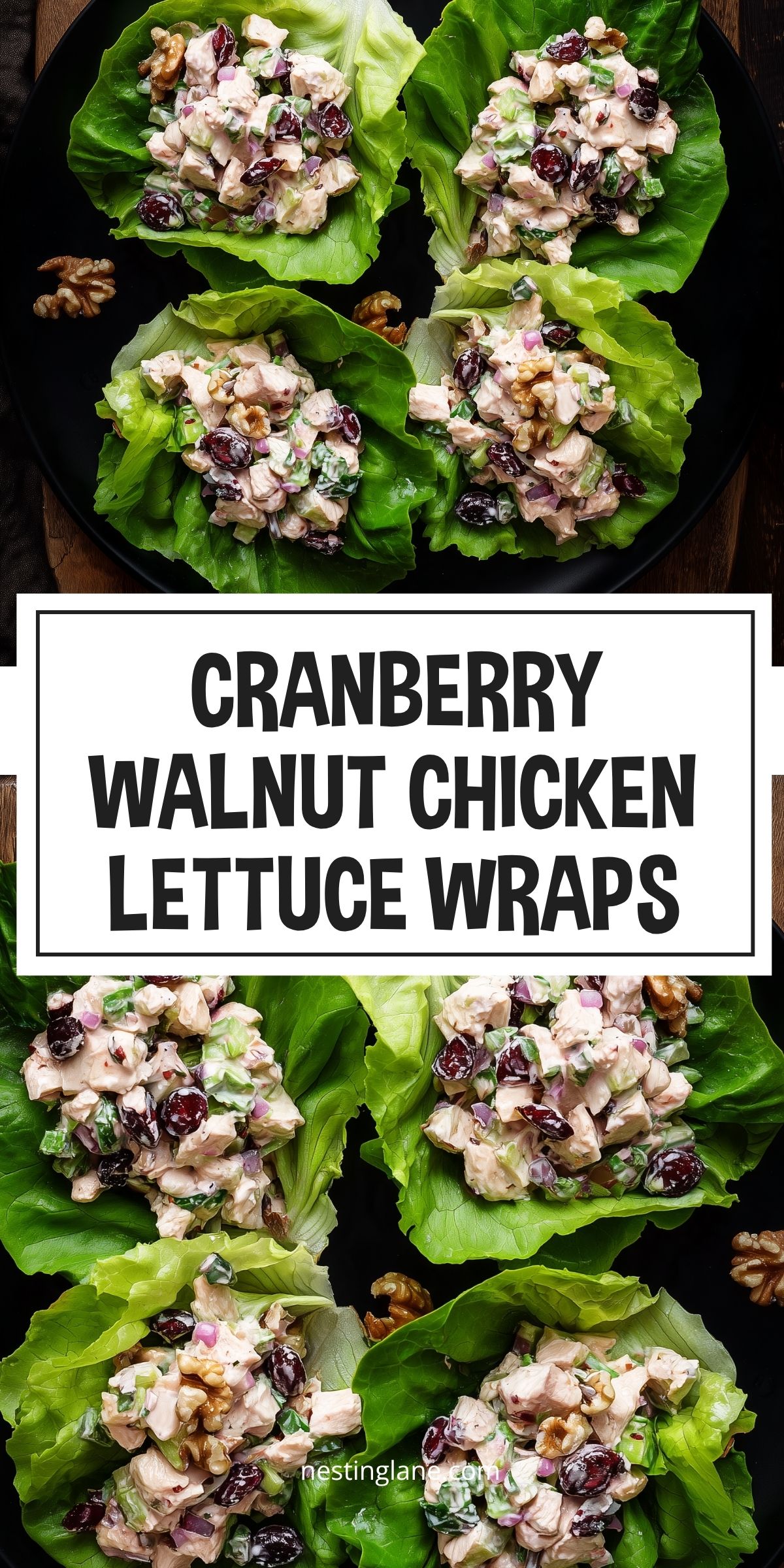 Cranberry Walnut Chicken Lettuce Wraps filled with creamy chicken, dried cranberries, celery, red onion, and walnuts. Text reads “CRANBERRY WALNUT CHICKEN LETTUCE WRAPS” and “nestinglane.com.”