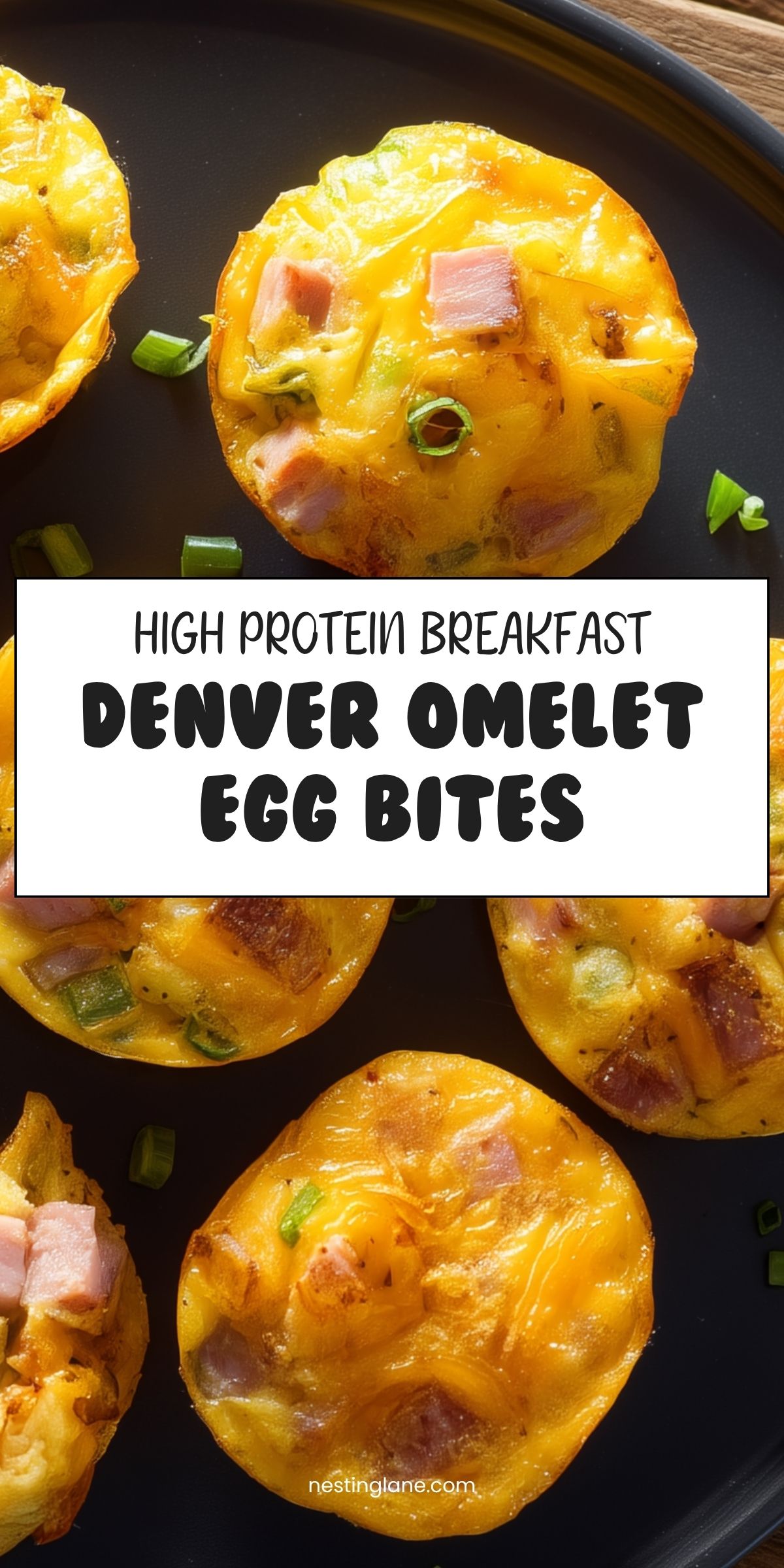 Overhead pin showing Denver omelet egg bites with ham, cheddar cheese, and green peppers on a black plate. Text reads “HIGH PROTEIN BREAKFAST DENVER OMELET EGG BITES” and “nestinglane.com.”