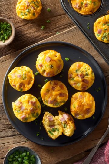 Overhead view of Denver omelet egg bites with ham, green peppers, cheddar cheese, and green onions arranged on a black plate over rustic wood, with more egg bites in a muffin pan.