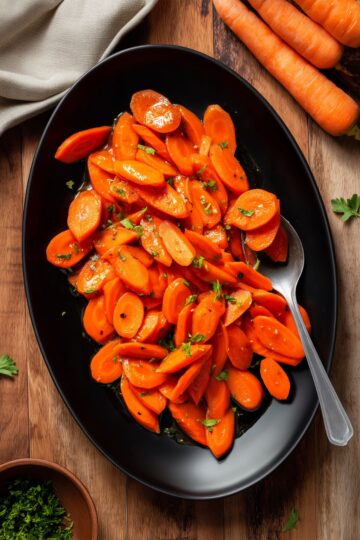 Easy maple glazed carrots with fresh parsley served on a black oval platter with a serving spoon, whole carrots, and a neutral linen napkin on a rustic wood table.