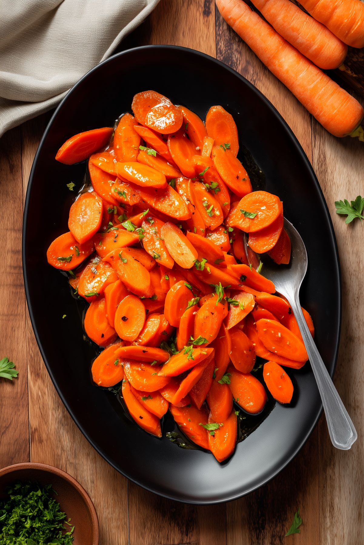 Easy maple glazed carrots with fresh parsley served on a black oval platter with a serving spoon, whole carrots, and a neutral linen napkin on a rustic wood table.