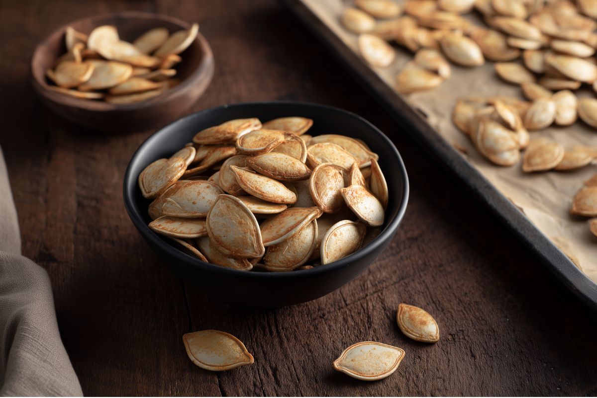 Easy oven-roasted pumpkin seeds seasoned with spices in a small black bowl on a rustic wood table, with more roasted seeds on a parchment-lined baking sheet in the background.