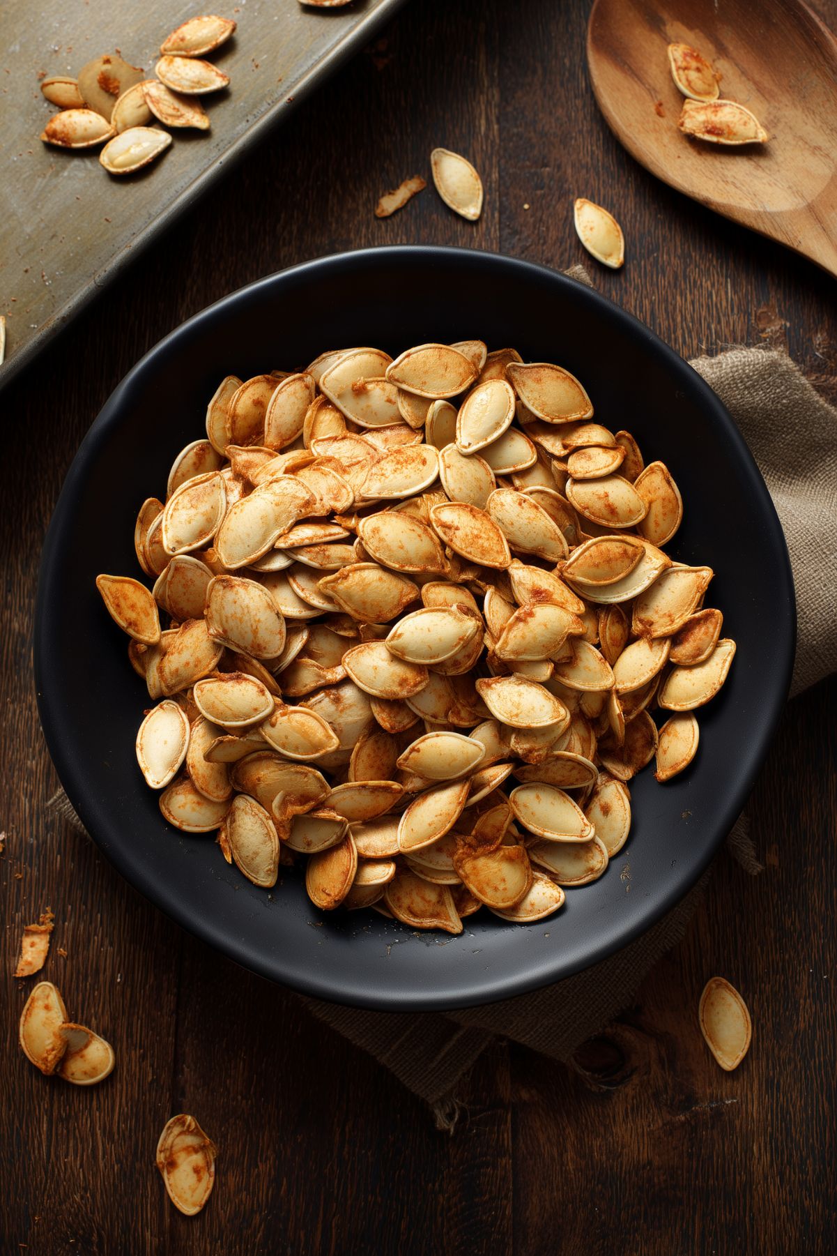 Overhead view of seasoned oven-roasted pumpkin seeds piled in a matte black bowl on a dark rustic wood table, with a baking sheet, wooden spoon, and scattered pumpkin seeds nearby.