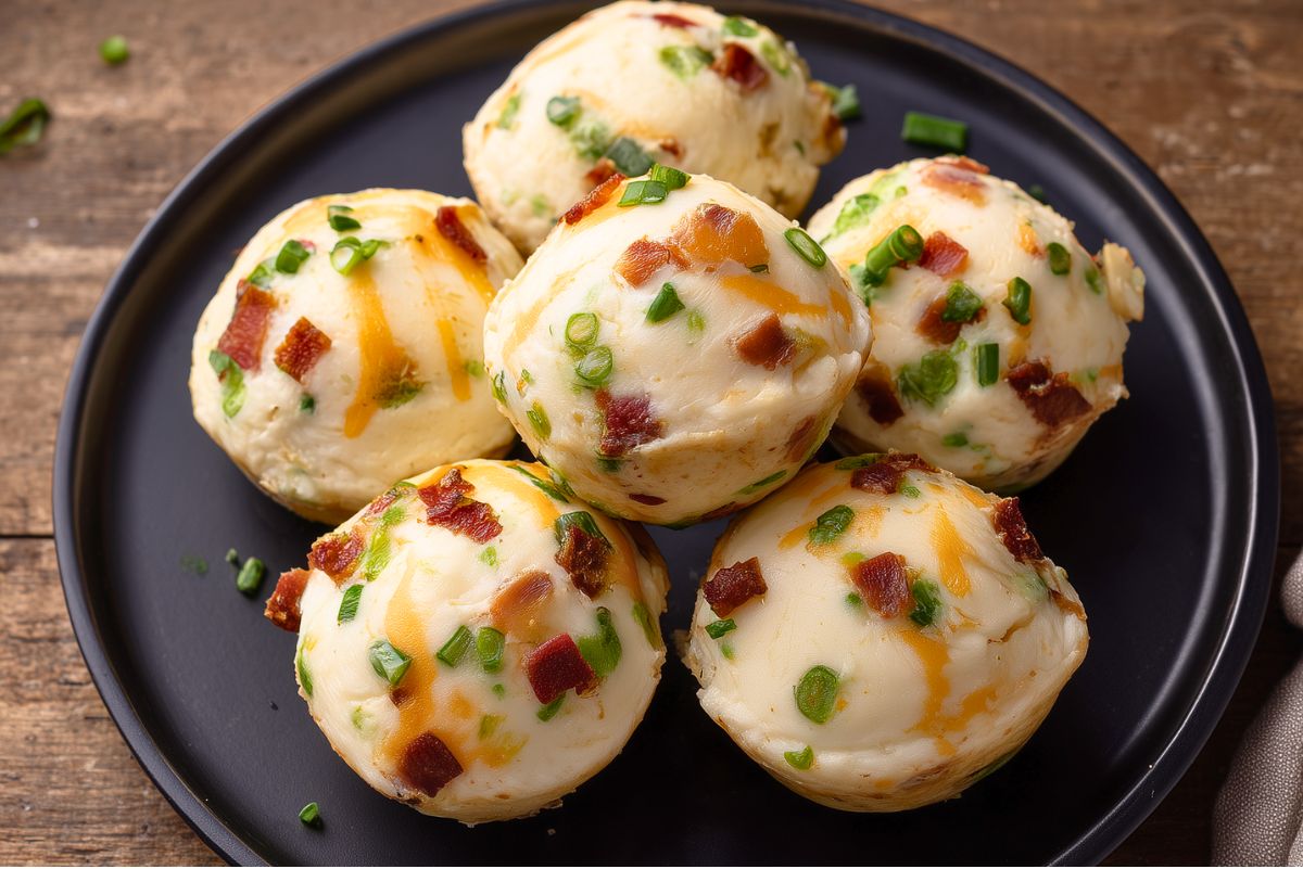 Egg White Turkey Bacon Bites with cheddar cheese, chopped turkey bacon, and green onions piled on a black plate over a rustic wood table.
