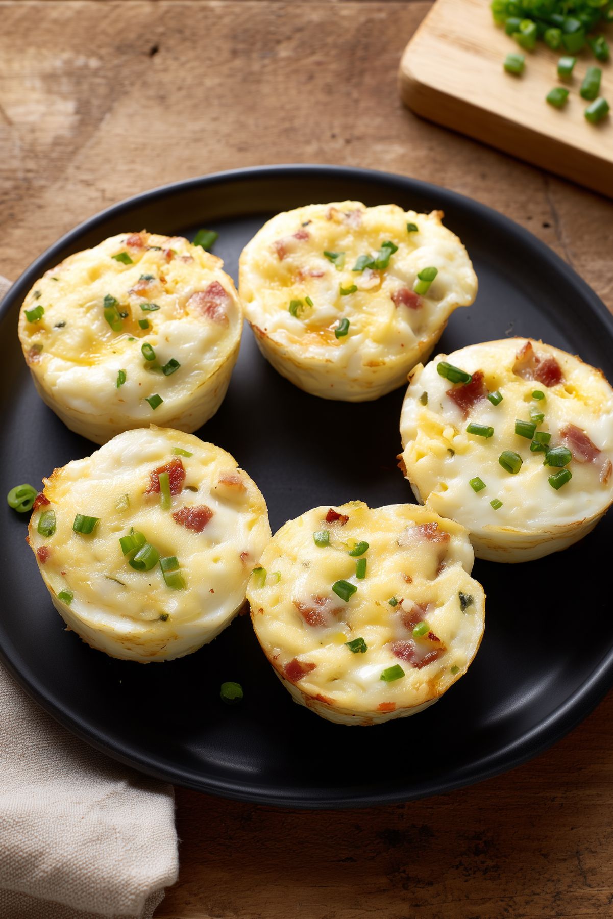 Five Egg White Turkey Bacon Bites with cheddar, turkey bacon, and green onions arranged on a black plate over a rustic wood table.
