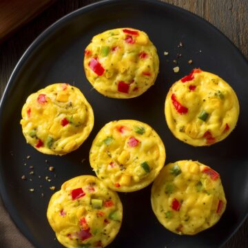 Six fajita vegetable egg bites with red and green bell peppers and corn arranged on a black plate over a rustic wood table.