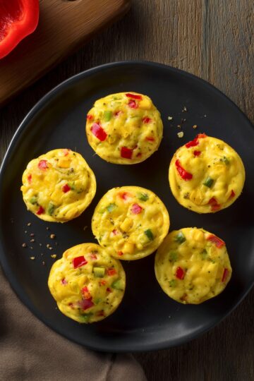 Six fajita vegetable egg bites with red and green bell peppers and corn arranged on a black plate over a rustic wood table.