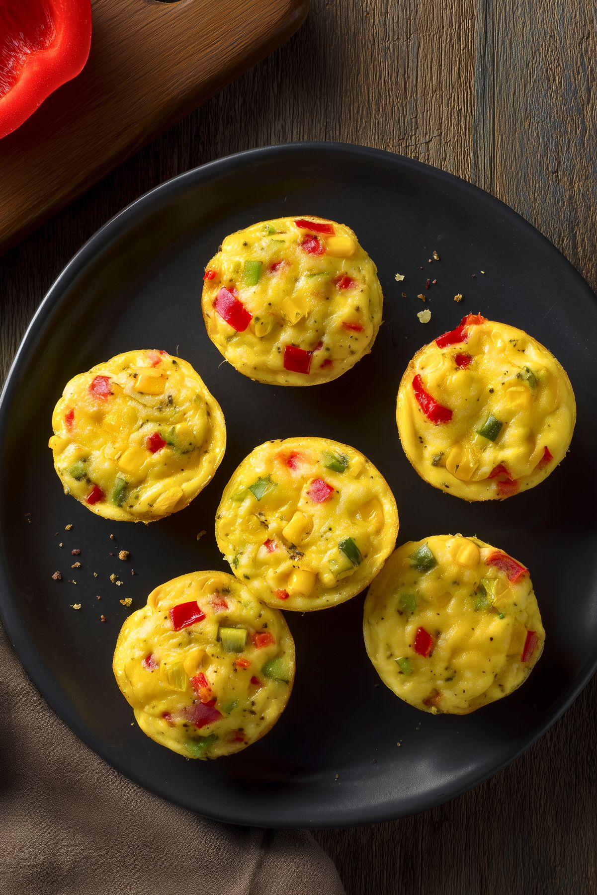 Six fajita vegetable egg bites with red and green bell peppers and corn arranged on a black plate over a rustic wood table.