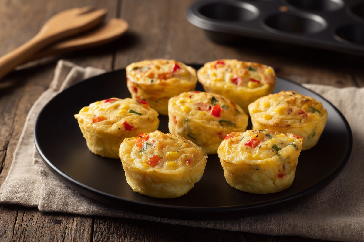 Fajita vegetable egg bites with colorful bell peppers and corn served on a black plate, with a muffin pan and wooden utensils in the background.