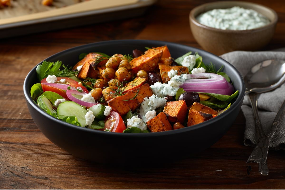 Greek chickpea sweet potato bowl in a black bowl with roasted sweet potatoes, chickpeas, cucumber, tomatoes, red onion, olives, greens, feta, fresh herbs, and creamy dressing on a rustic wood table.
