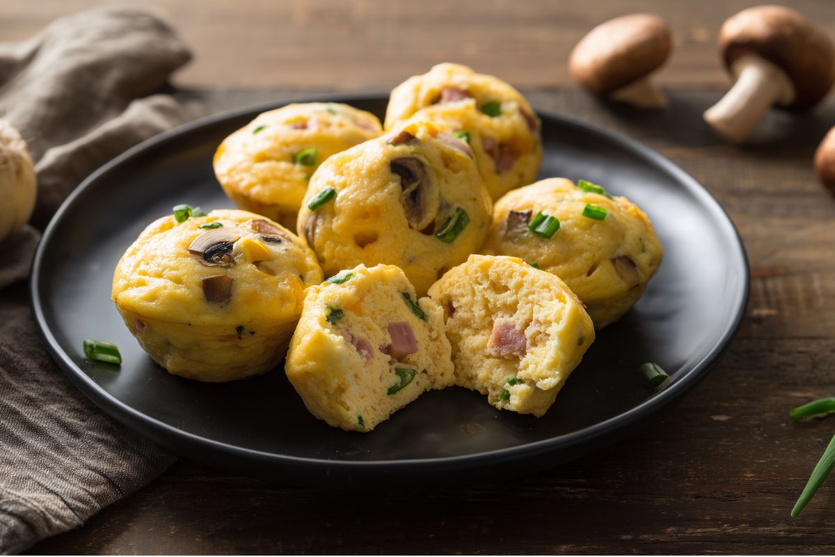 Ham and mushroom egg bites with diced ham, sliced mushrooms, cheddar, and green onions on a black plate. One egg bite is cut open to show the soft center, with fresh mushrooms on a rustic wood table.