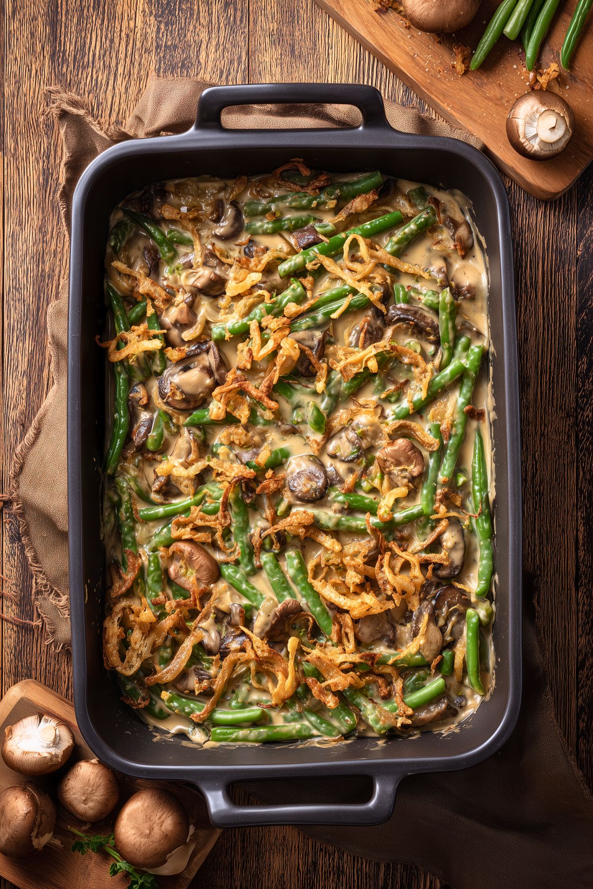 Overhead view of healthy green bean casserole with fresh green beans, mushrooms, creamy sauce, and crispy fried onions in a black baking dish on a rustic wood table.