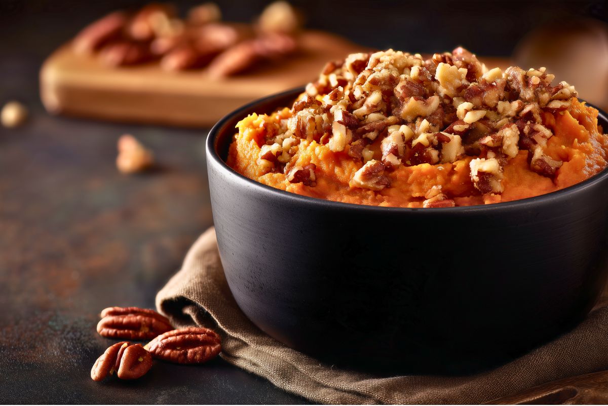 Healthy Slow Cooker Sweet Potato Casserole with creamy orange sweet potatoes and a crunchy chopped pecan topping served in a matte black bowl.