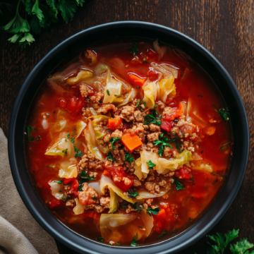 Overhead view of high protein cabbage roll soup with ground turkey, tender cabbage, carrots, and tomatoes in a black bowl on rustic wood.