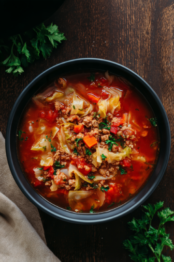 Overhead view of high protein cabbage roll soup with ground turkey, tender cabbage, carrots, and tomatoes in a black bowl on rustic wood.