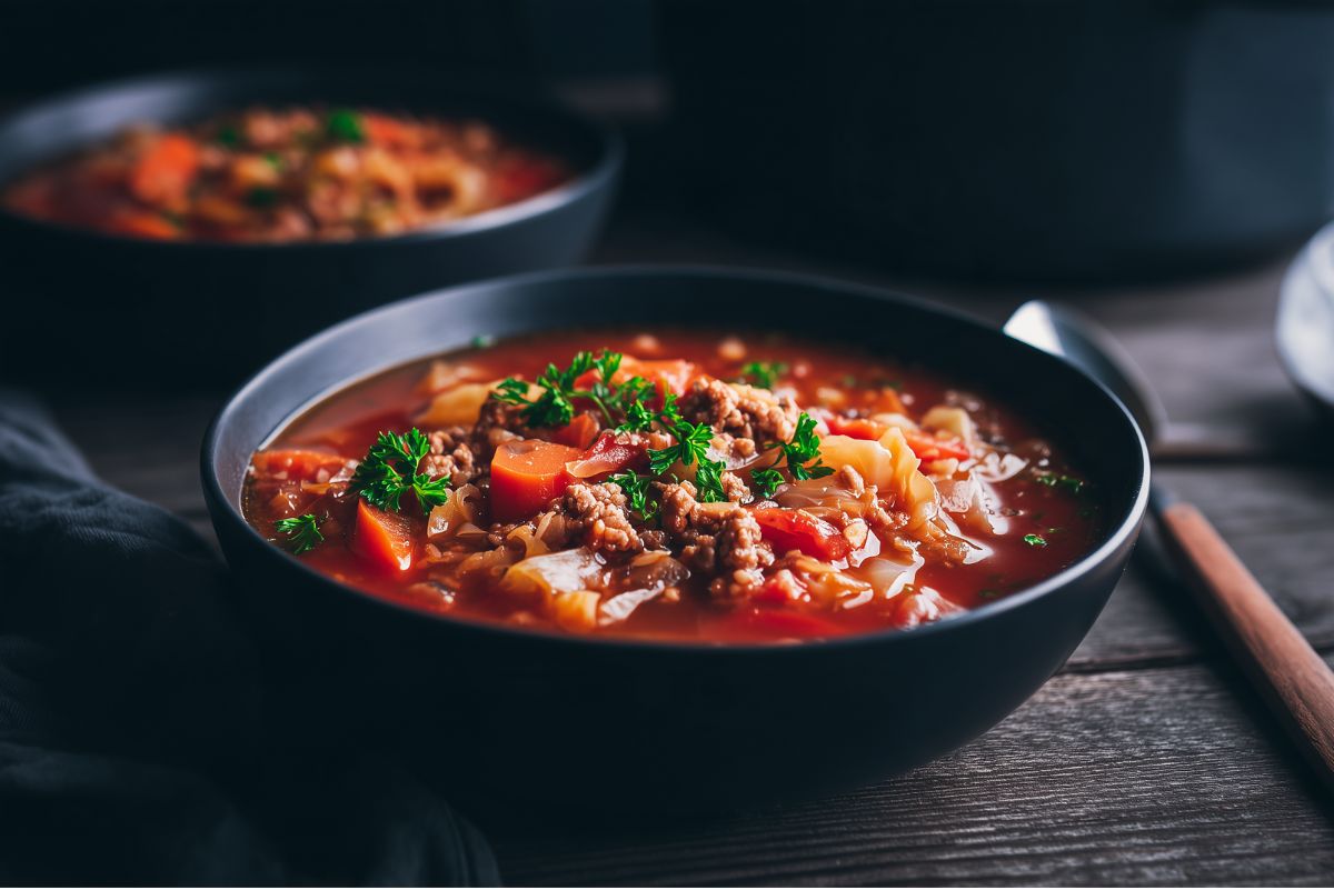 Side view of homemade cabbage roll soup with ground turkey, cabbage, carrots, and tomatoes in a matte black bowl on a dark wooden table.