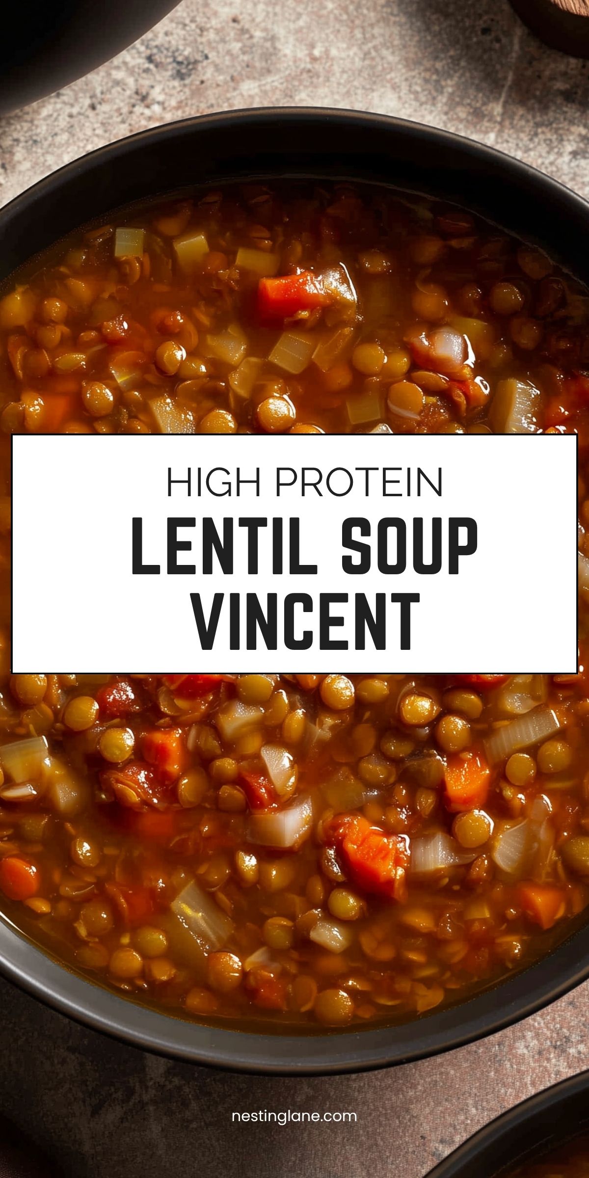 High protein Lentil Soup Vincent in a black bowl with lentils, carrots, celery, onions, and tomatoes in a rich broth. Text reads “HIGH PROTEIN LENTIL SOUP VINCENT” and “nestinglane.com.”