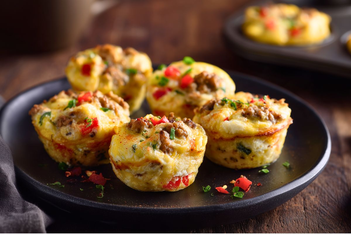 High Protein Taco Egg Bites made with eggs, ground turkey, cheese, and red and green bell peppers, served on a matte black plate over a rustic wood table.