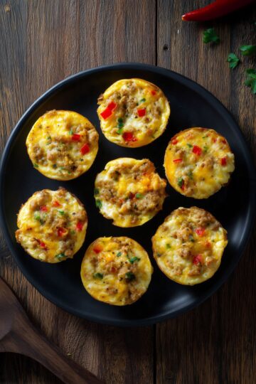 Overhead view of seven High Protein Taco Egg Bites with ground turkey, melted cheese, and red and green bell peppers arranged on a black plate over a dark rustic wood table.