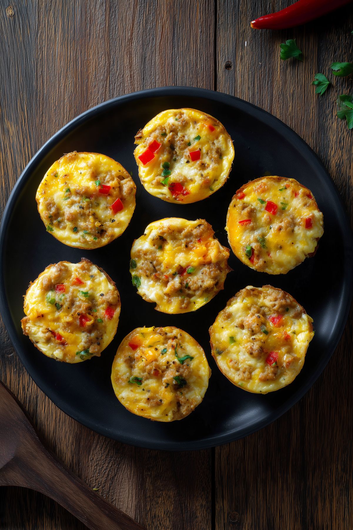 Overhead view of seven High Protein Taco Egg Bites with ground turkey, melted cheese, and red and green bell peppers arranged on a black plate over a dark rustic wood table.