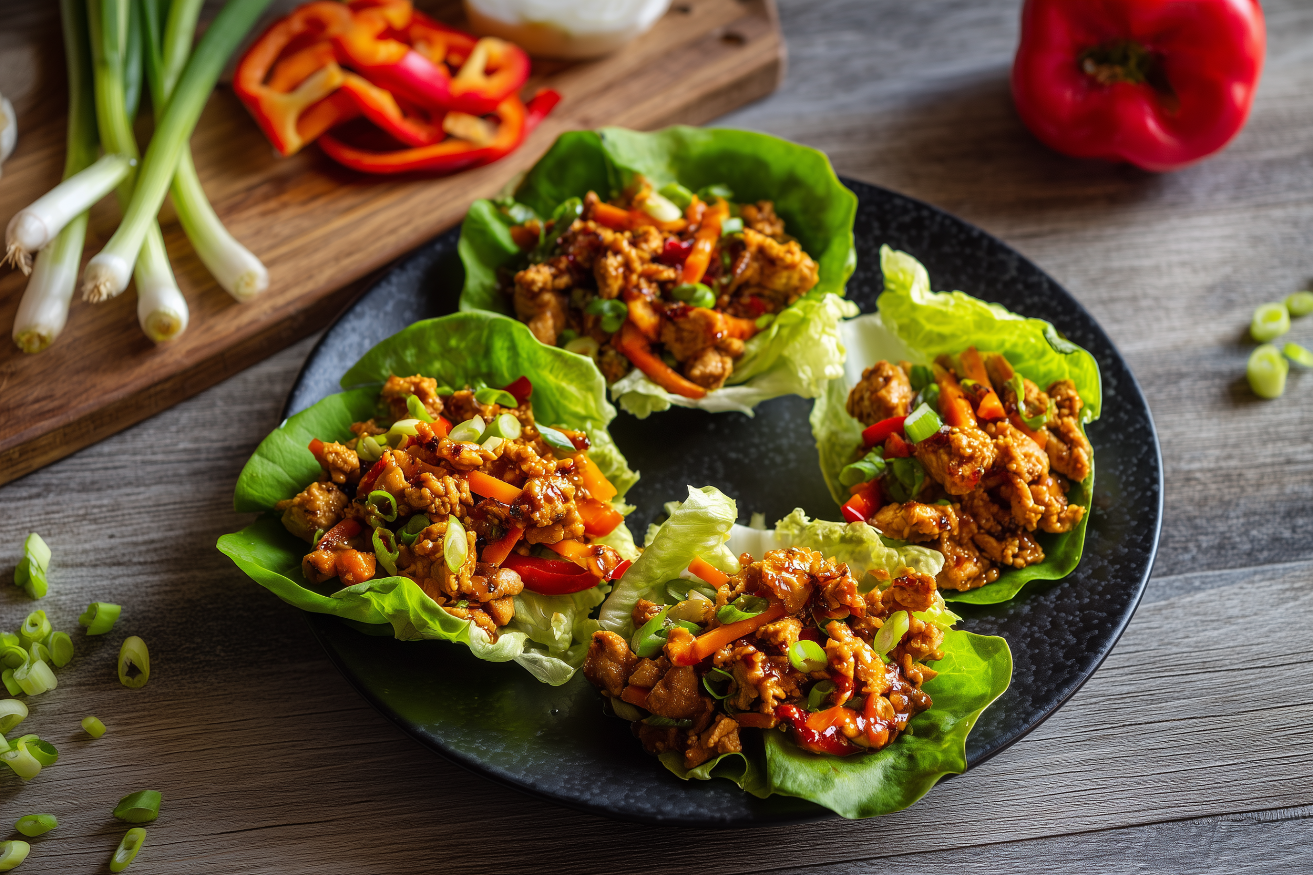 Hot honey chicken lettuce wraps on a black plate with saucy chopped chicken, red bell pepper, carrots, and green onions in crisp butter lettuce. Fresh peppers and scallions sit on a rustic wood table.