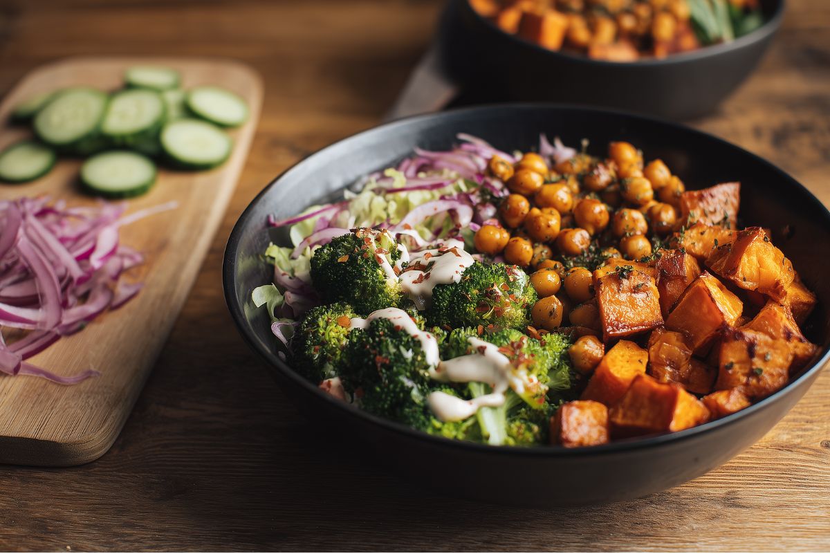 Hot honey chickpea broccoli sweet potato bowl in a black bowl with roasted sweet potatoes, chickpeas, broccoli, shredded cabbage, red onion, and creamy sauce on a rustic wood table.