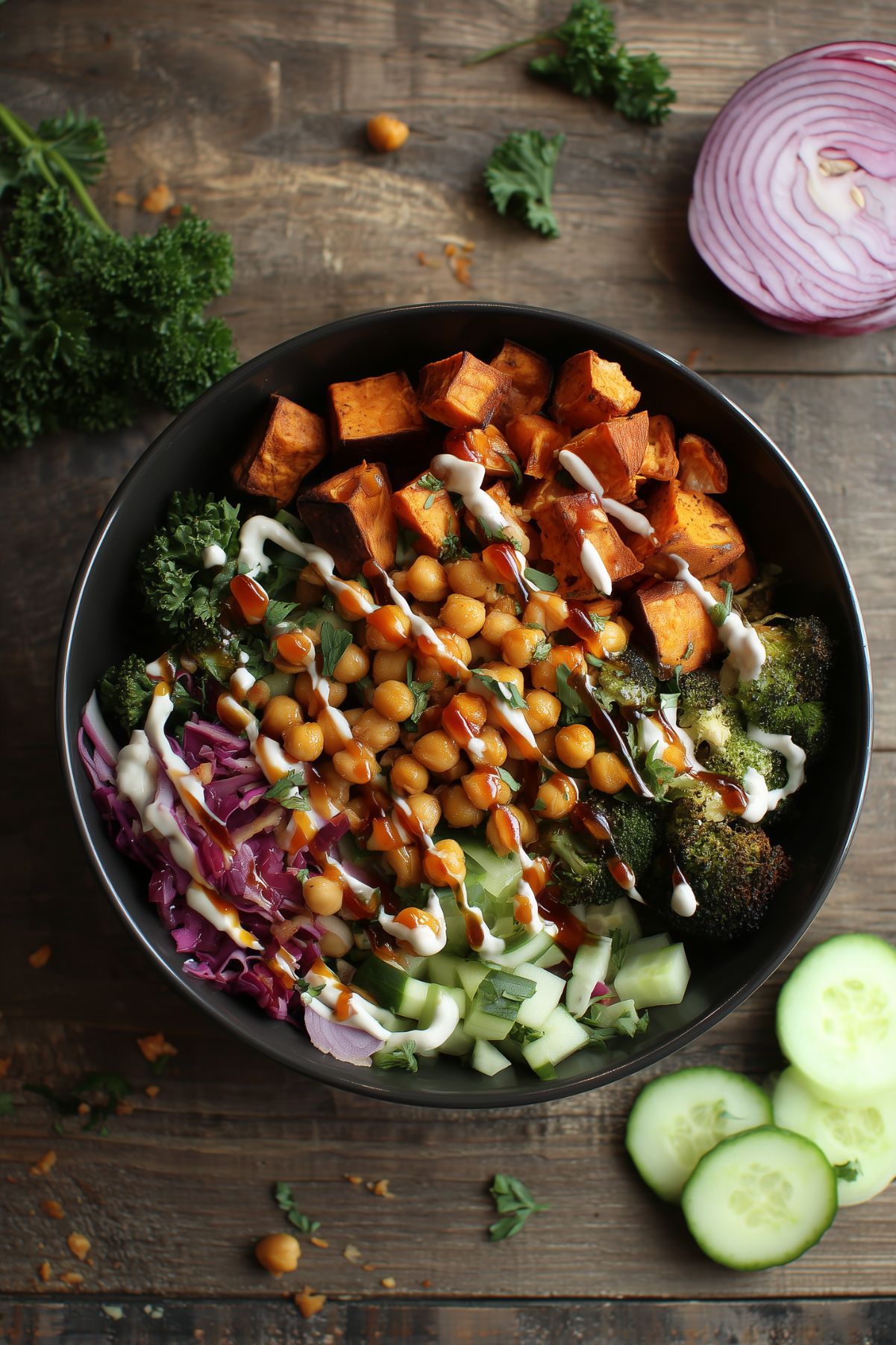 Hot Honey Chickpea Sweet Potato Bowl with roasted sweet potatoes, chickpeas, broccoli, cucumber, greens, red onion, herbs, and creamy sauce in a black bowl on a dark rustic wood table.