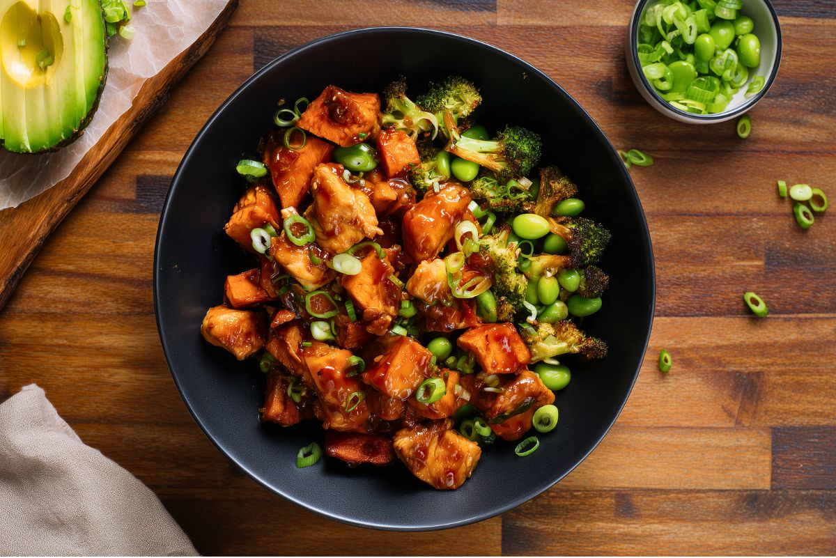 Overhead view of a hot honey garlic chicken sweet potato bowl with roasted broccoli, edamame, green onions, and avocado on the side.