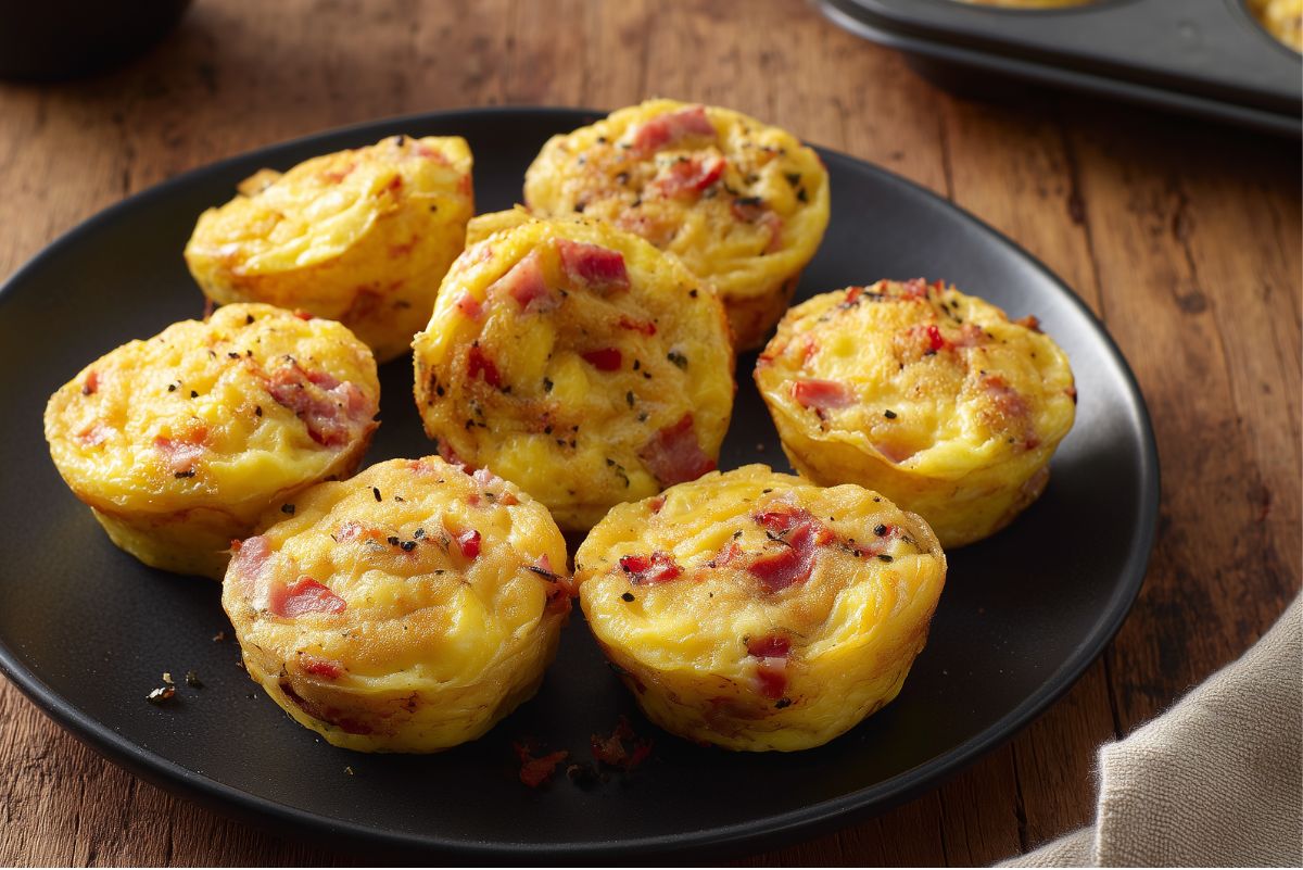 Side-angle view of seven Italian grinder egg bites with ham, cheese, red peppers, and Italian seasoning on a black plate.